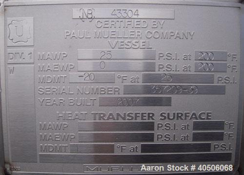 Unused- Mueller Coalescer Pressure Tank, 1600 Gallon, Model "H", 304L stainless steel, horizontal. 48" diameter x 204" straight side, (1) dished bolt on end with davit arm, (1) dished end. Internal r...