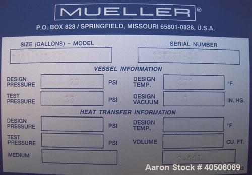 Unused- Mueller Coalescer Pressure Tank, 1600 Gallon, Model "H", 304L stainless steel, horizontal. 48" diameter x 204" straight side, (1) dished bolt on end with davit arm, (1) dished end. Internal r...