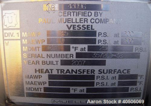 Unused- Mueller Coalescer Pressure Tank, 1600 Gallon, Model "H", 304L stainless steel, horizontal. 48" diameter x 204" straight side, (1) dished bolt on end with davit arm, (1) dished end. Internal r...