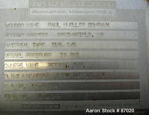 Used Mueller Pressure Tank, 4000 gallon, 316L stainless steel, horizontal. 96" diameter x 154" straight side. Dished heads. 2B finish internal rated 15 psi at 180 deg F. Openings: top 24" manway with...