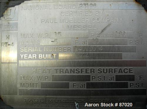 Used Mueller Pressure Tank, 4000 gallon, 316L stainless steel, horizontal. 96" diameter x 154" straight side. Dished heads. 2B finish internal rated 15 psi at 180 deg F. Openings: top 24" manway with...