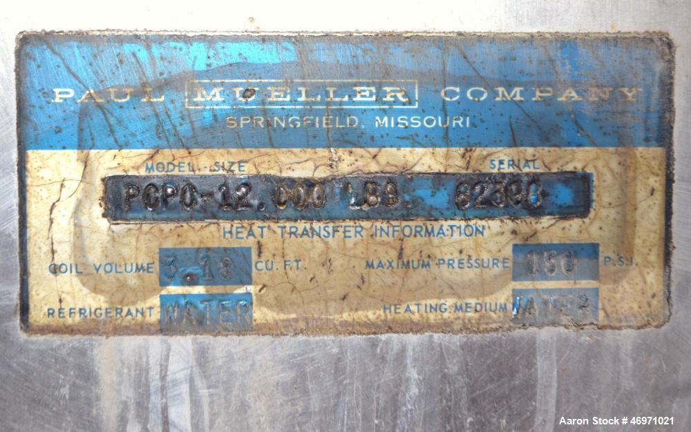 Used Mueller Jacketed Mix Tank, Approximate 1500 Gallon,