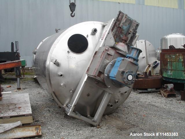 Used 3000 Gallon Mueller Twin Motion Processor. 316 stainless steel construction. 90" diameter x 107" straight side, dish top, 27" deep cone bottom. Jacketed on bottom and up straight side for 90 psi...