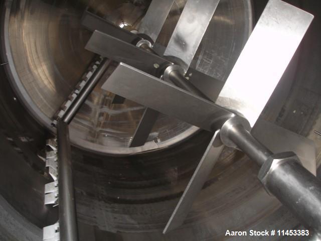 Used 3000 Gallon Mueller Twin Motion Processor. 316 stainless steel construction. 90" diameter x 107" straight side, dish top, 27" deep cone bottom. Jacketed on bottom and up straight side for 90 psi...