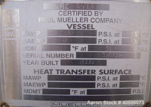 Unused- Mueller Pressure Tank, 2,500 Gallon, Model "F", 304L Stainless steel, Vertical. 90" diameter x 79" straight side, 2:1 elliptical top and bottom. Internal rated 30 psi at 160 deg.f., and -20 d...