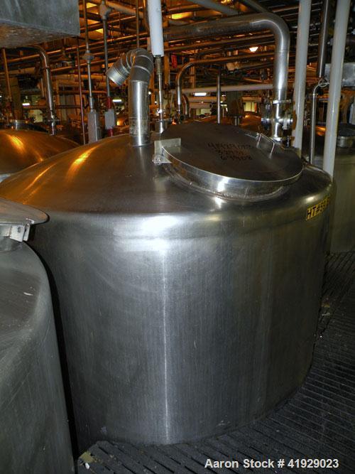 Used Mueller Tank, 2000 Gallon, Stainless Steel, Vertical. 76" diameter x 106" straight side, dished top and bottom. Openings top (2) 3" tri-clamp, 4" vent, 8" drive (capped), 24" manway with cover. ...