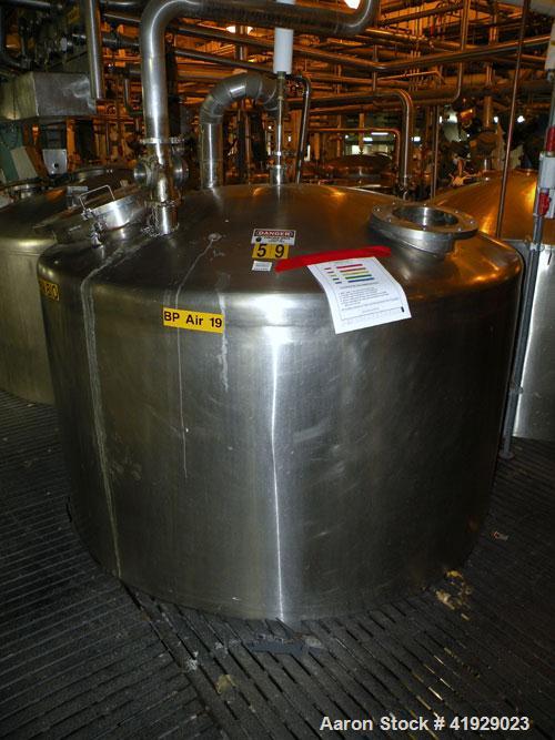 Used Mueller Tank, 2000 Gallon, Stainless Steel, Vertical. 76" diameter x 106" straight side, dished top and bottom. Openings top (2) 3" tri-clamp, 4" vent, 8" drive (capped), 24" manway with cover. ...