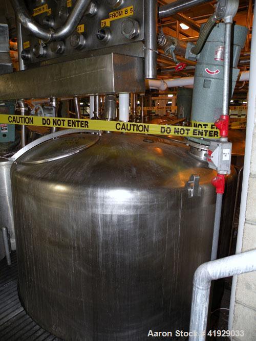 Used Mueller Tank, 2000 Gallon, Model F, stainless steel, vertical. 76" diameter x 106" straight side, dished top and bottom. Off center top entering angled Lightnin agitator, model N33G-300. 1-1/2" ...