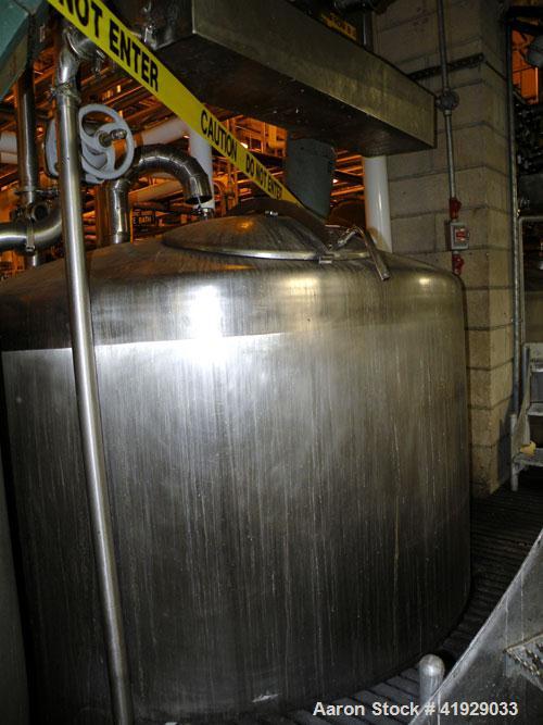 Used Mueller Tank, 2000 Gallon, Model F, stainless steel, vertical. 76" diameter x 106" straight side, dished top and bottom. Off center top entering angled Lightnin agitator, model N33G-300. 1-1/2" ...
