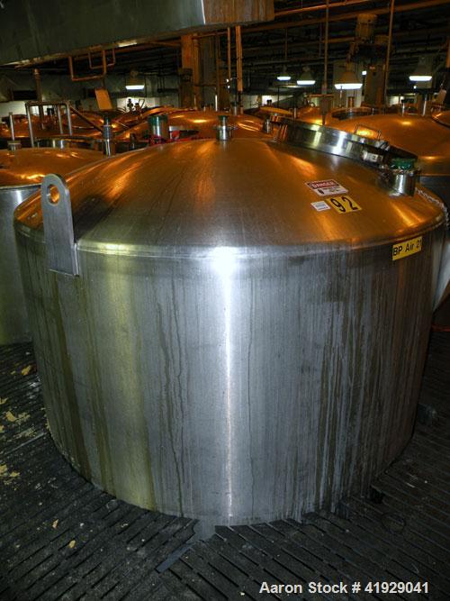 Used Mueller Tank, 2000 Gallon, stainless steel, vertical. 76" diameter x 106" straight side, dished top and bottom. Openings: top 3" tri-clamp, 4" tri-clamp, 4" vent, 8" drive (capped), 24" manway w...