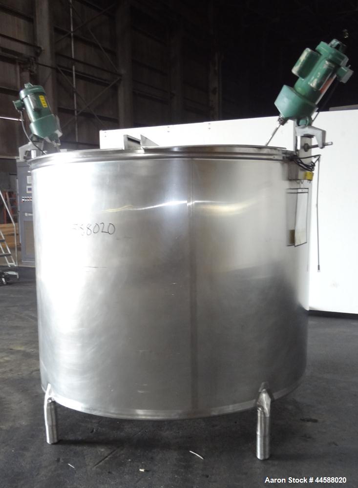 Used Mueller Tank, 1000 Gallons, 316 Stainless Steel, Vertical.  Approximately 76" diameter x 57" straight side, open top with (2) covers, sloped bottom.  (2) Lightnin clamp-on agitators.  (1) Model ...