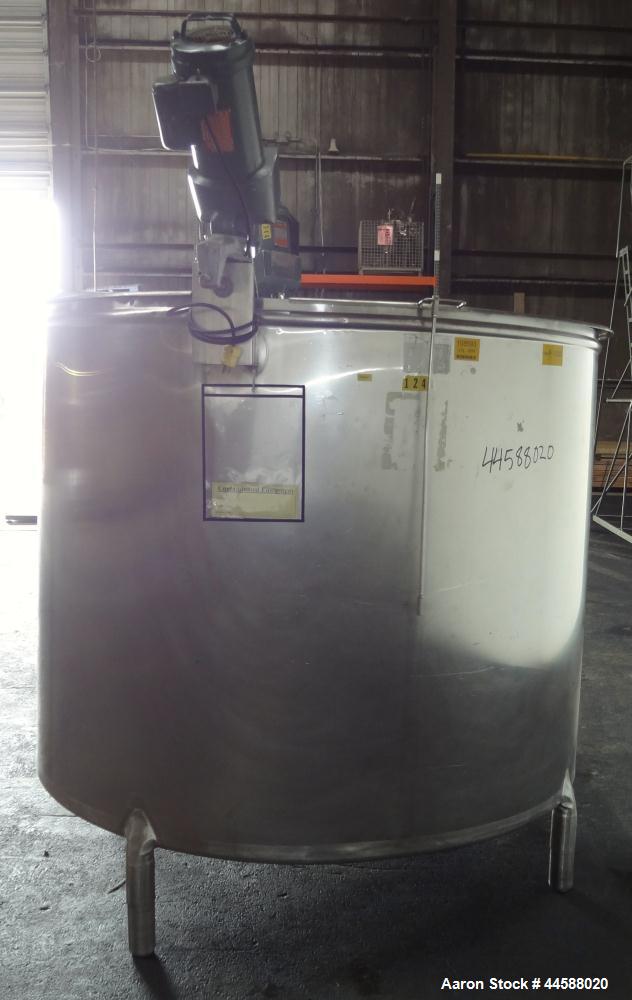 Used Mueller Tank, 1000 Gallons, 316 Stainless Steel, Vertical.  Approximately 76" diameter x 57" straight side, open top with (2) covers, sloped bottom.  (2) Lightnin clamp-on agitators.  (1) Model ...