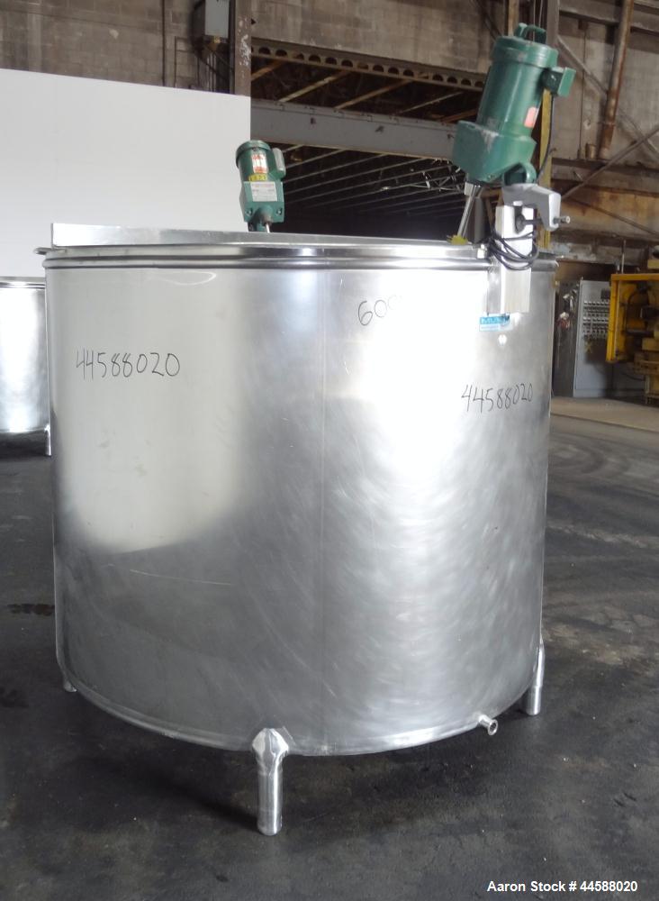 Used Mueller Tank, 1000 Gallons, 316 Stainless Steel, Vertical.  Approximately 76" diameter x 57" straight side, open top with (2) covers, sloped bottom.  (2) Lightnin clamp-on agitators.  (1) Model ...