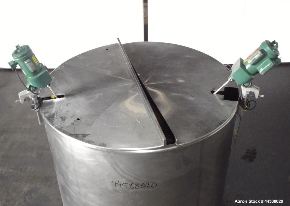 Used Mueller Tank, 1000 Gallons, 316 Stainless Steel, Vertical.  Approximately 76" diameter x 57" straight side, open top with (2) covers, sloped bottom.  (2) Lightnin clamp-on agitators.  (1) Model ...