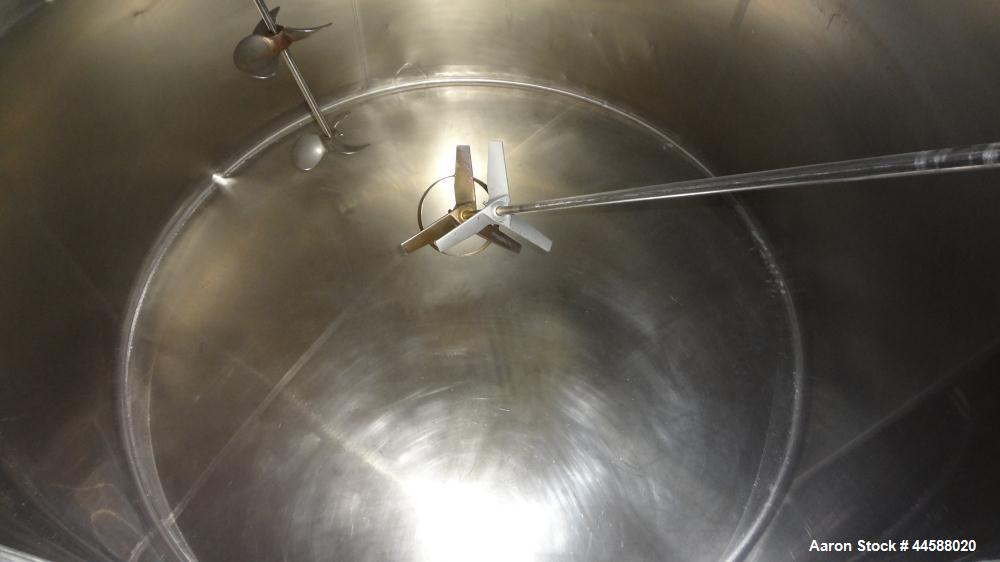 Used Mueller Tank, 1000 Gallons, 316 Stainless Steel, Vertical.  Approximately 76" diameter x 57" straight side, open top with (2) covers, sloped bottom.  (2) Lightnin clamp-on agitators.  (1) Model ...