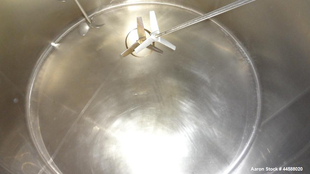 Used Mueller Tank, 1000 Gallons, 316 Stainless Steel, Vertical.  Approximately 76" diameter x 57" straight side, open top with (2) covers, sloped bottom.  (2) Lightnin clamp-on agitators.  (1) Model ...