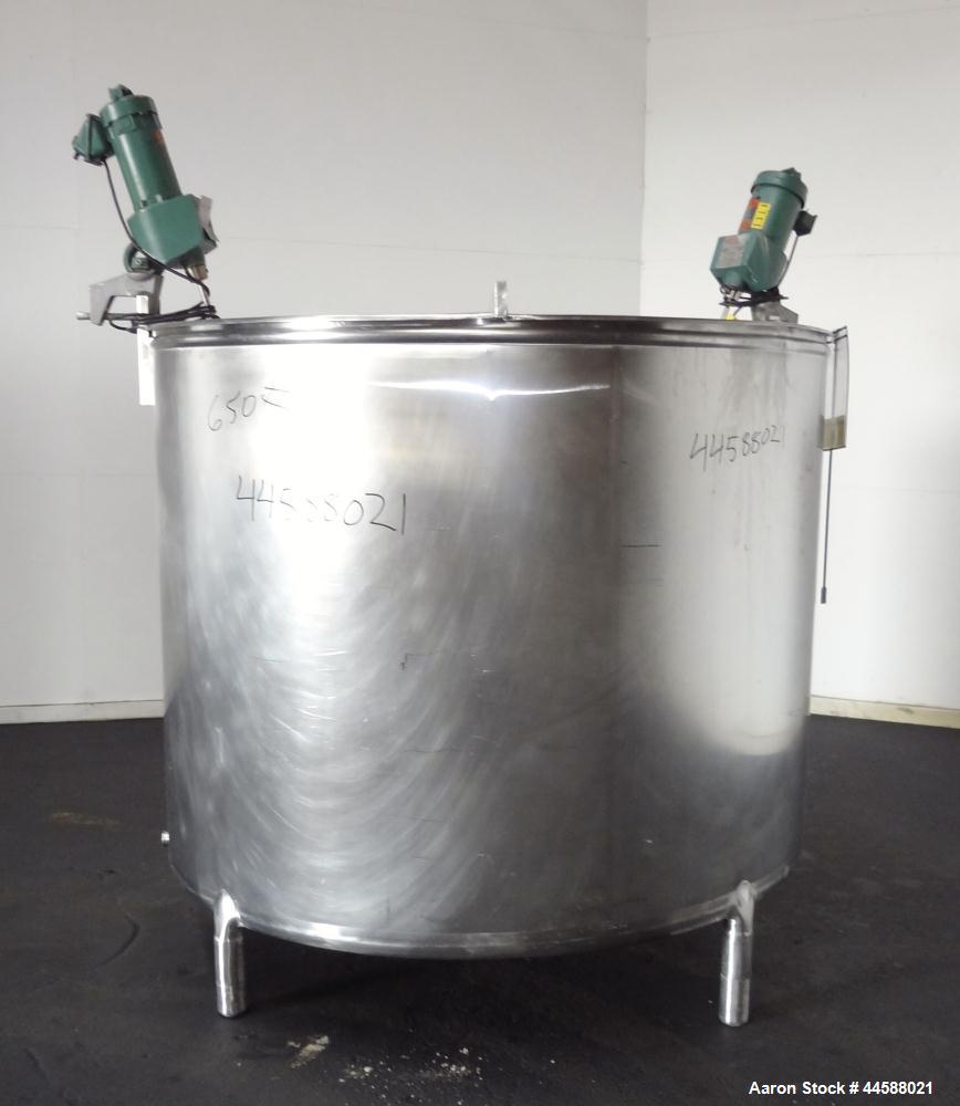 Used Mueller Tank, 1000 Gallon, 316 Stainless Steel, Vertical. Approximate 76” diameter x 57” straight side, open top with (2) covers, sloped bottom. (2) Lightnin clamp on agitators. (1) Model XJ-65V...