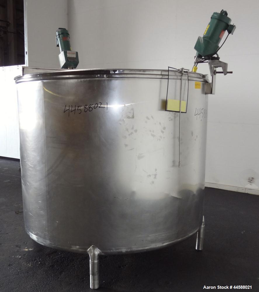 Used Mueller Tank, 1000 Gallon, 316 Stainless Steel, Vertical. Approximate 76” diameter x 57” straight side, open top with (2) covers, sloped bottom. (2) Lightnin clamp on agitators. (1) Model XJ-65V...