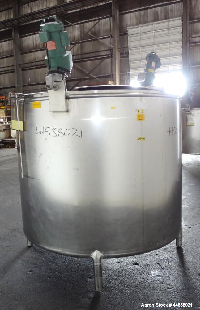 Used Mueller Tank, 1000 Gallon, 316 Stainless Steel, Vertical. Approximate 76” diameter x 57” straight side, open top with (2) covers, sloped bottom. (2) Lightnin clamp on agitators. (1) Model XJ-65V...