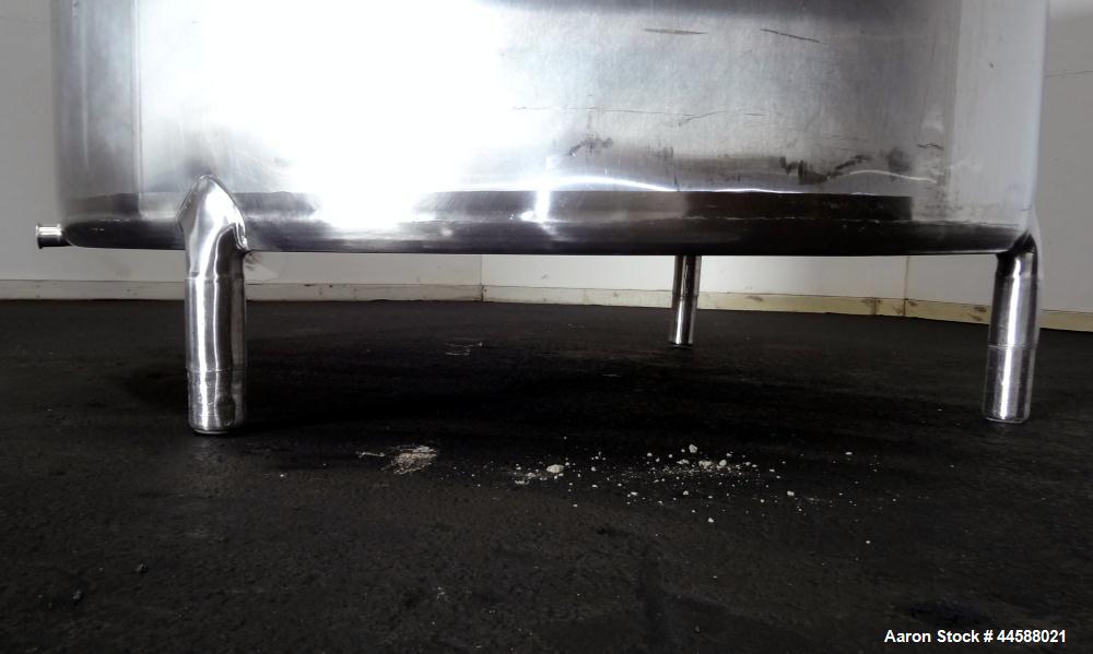 Used Mueller Tank, 1000 Gallon, 316 Stainless Steel, Vertical. Approximate 76” diameter x 57” straight side, open top with (2) covers, sloped bottom. (2) Lightnin clamp on agitators. (1) Model XJ-65V...