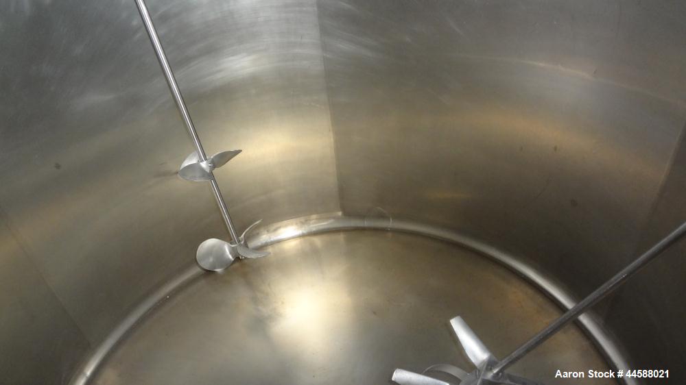 Used Mueller Tank, 1000 Gallon, 316 Stainless Steel, Vertical. Approximate 76” diameter x 57” straight side, open top with (2) covers, sloped bottom. (2) Lightnin clamp on agitators. (1) Model XJ-65V...