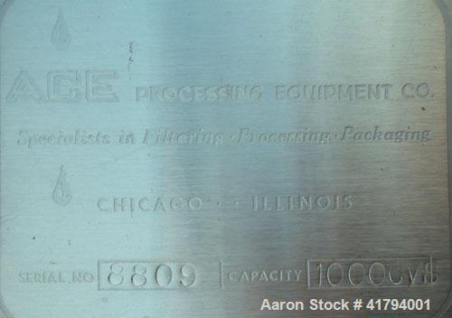Used Ace Processing Equipment Company Tank, 1000 Gallon, Model CVS, 316 Stainless Steel, Vertical. 66" diameter x 68" straight side. Flat top, sloped bottom. Top openings: (2) 2" NPT, 1" NPT, 3" open...