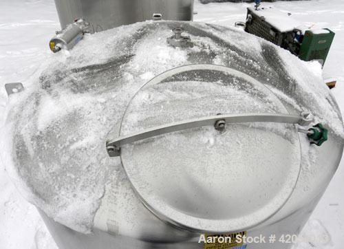 Used Lake Process Systems Tank, 1000 Gallon, Model LPS-1000, 304 Stainless Steel, Vertical. 60" diameter x 72" straight side, dish top and bottom. (1) Spray ball. Openings top (3) 2", 1-1/2", 19" man...