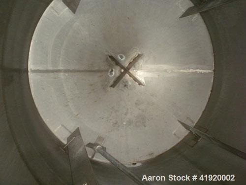 Used Tank, 4200 Gallon, 304 Stainless Steel, Vertical. 100" diameter x 120" straight side, flat open top with a bolt on cover with a hinged access door, coned bottom. Bolt on carbon steel agitator br...