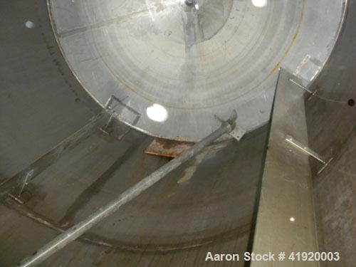 Used Tank, 4200 Gallon, 304 Stainless Steel, Vertical. 100" diameter x 120" straight side, flat open top with a bolt on cover with a hinged access door, coned bottom. Bolt on carbon steel agitator br...