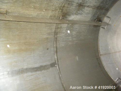 Used Tank, 4200 Gallon, 304 Stainless Steel, Vertical. 100" diameter x 120" straight side, flat open top with a bolt on cover with a hinged access door, coned bottom. Bolt on carbon steel agitator br...