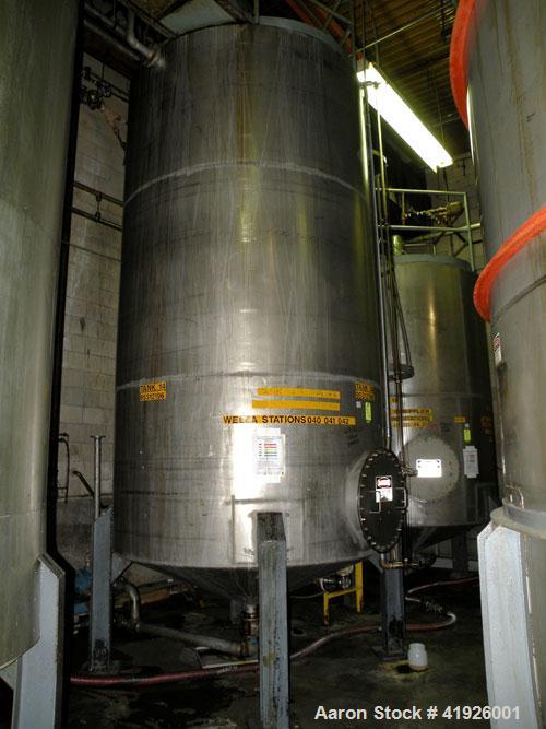 Used Tank, 3800 Gallon,  Stainless Steel, Vertical. 84" diameter x 156" straight side, coned top and bottom. Openings top (2) 3", side (2) 3", 24" side bottom manway with cover, approximate 3-1/2" NP...