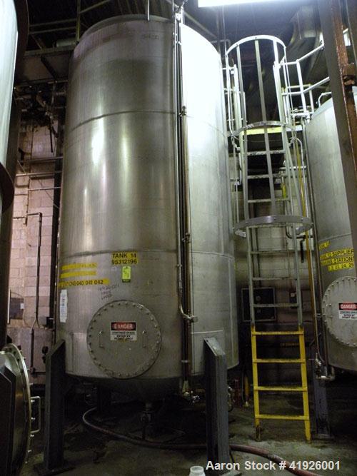 Used Tank, 3800 Gallon,  Stainless Steel, Vertical. 84" diameter x 156" straight side, coned top and bottom. Openings top (2) 3", side (2) 3", 24" side bottom manway with cover, approximate 3-1/2" NP...