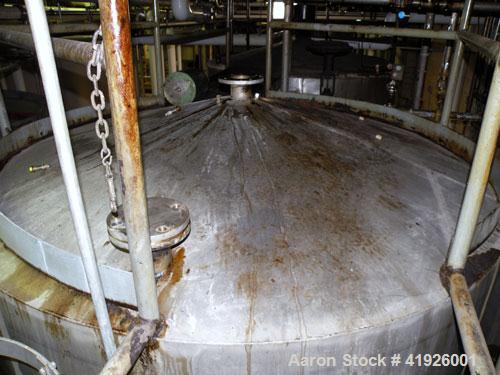 Used Tank, 3800 Gallon,  Stainless Steel, Vertical. 84" diameter x 156" straight side, coned top and bottom. Openings top (2) 3", side (2) 3", 24" side bottom manway with cover, approximate 3-1/2" NP...