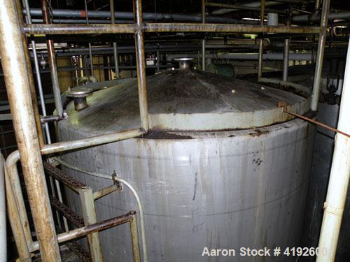 Used Tank, 3800 Gallon,  Stainless Steel, Vertical. 84" diameter x 156" straight side, coned top and bottom. Openings top (2) 3", side (2) 3", 24" side bottom manway with cover, approximate 3-1/2" NP...