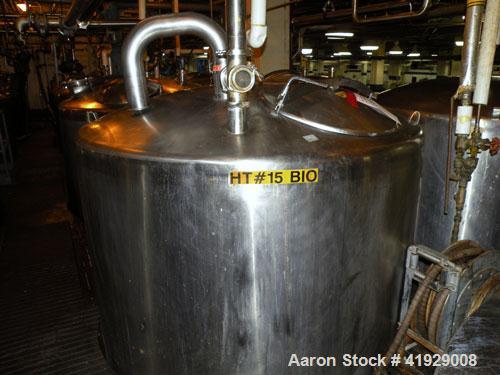 Used Tank, 1900 Gallon, stainless steel, vertical. 76" diameter x 96" straight side, dished top, coned bottom. Openings: top (2) 3" tri-clamp, 4" vent, 24" manway with cover; approximate 4" center bo...