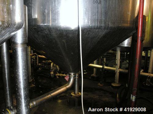 Used Tank, 1900 Gallon, stainless steel, vertical. 76" diameter x 96" straight side, dished top, coned bottom. Openings: top (2) 3" tri-clamp, 4" vent, 24" manway with cover; approximate 4" center bo...