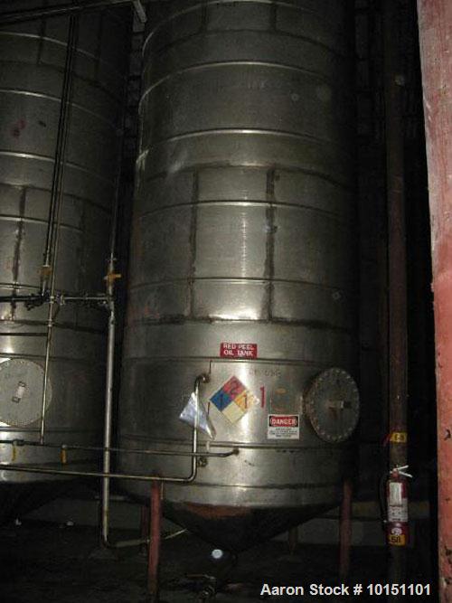 Used Approximately 4,500 gallon vertical stainless steel tank.  7'3" Diameter x 16'6" straight side.  Flat top and cone bottom.