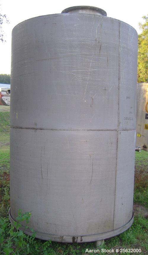 Used Tank, 1400 Gallon, Stainless Steel, Vertical. 66" diameter x 90" straight side.  Slight dish top, slope bottom. Top Openings:  (3) 2", 1 1/4", 18" manway with cover.  2" end bottom outlet. Mount...