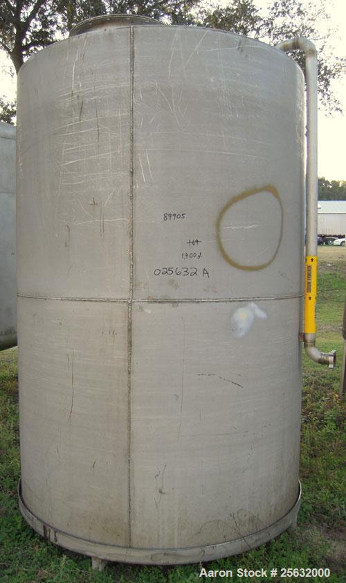 Used Tank, 1400 Gallon, Stainless Steel, Vertical. 66" diameter x 90" straight side.  Slight dish top, slope bottom. Top Openings:  (3) 2", 1 1/4", 18" manway with cover.  2" end bottom outlet. Mount...
