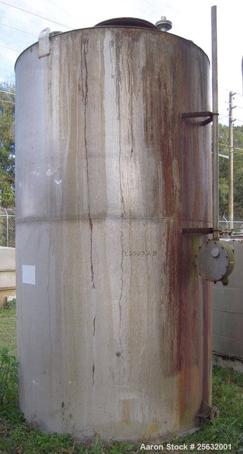 Used Tank, 2800 Gallons, Stainless Steel, Vertical. Approximately 78" diameter x 132" straight side. Flat top, sloped bottom. Openings: top 18" manway with cover, 10", (5) 2", 1" NPT, 1 1/2" NPT; 2" ...
