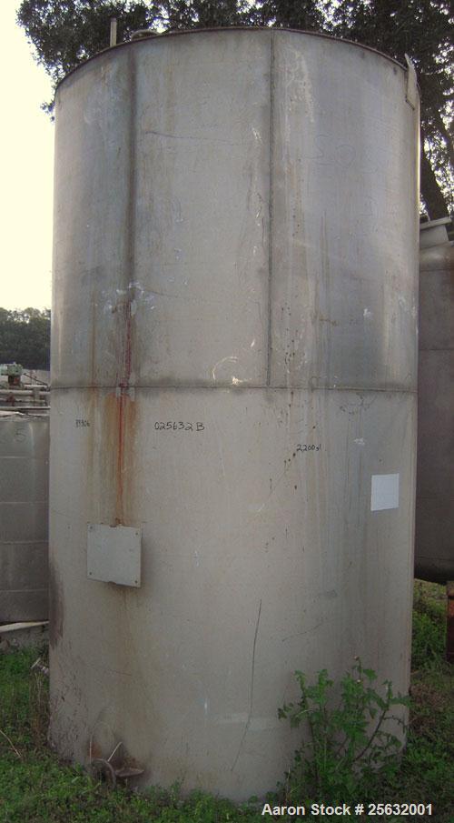 Used Tank, 2800 Gallons, Stainless Steel, Vertical. Approximately 78" diameter x 132" straight side. Flat top, sloped bottom. Openings: top 18" manway with cover, 10", (5) 2", 1" NPT, 1 1/2" NPT; 2" ...