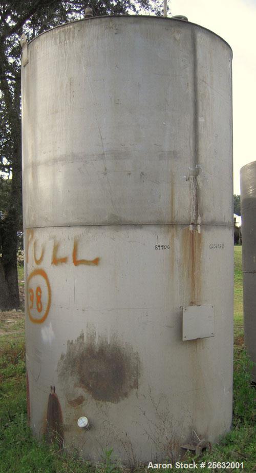 Used Tank, 2800 Gallons, Stainless Steel, Vertical. Approximately 78" diameter x 132" straight side. Flat top, sloped bottom. Openings: top 18" manway with cover, 10", (5) 2", 1" NPT, 1 1/2" NPT; 2" ...