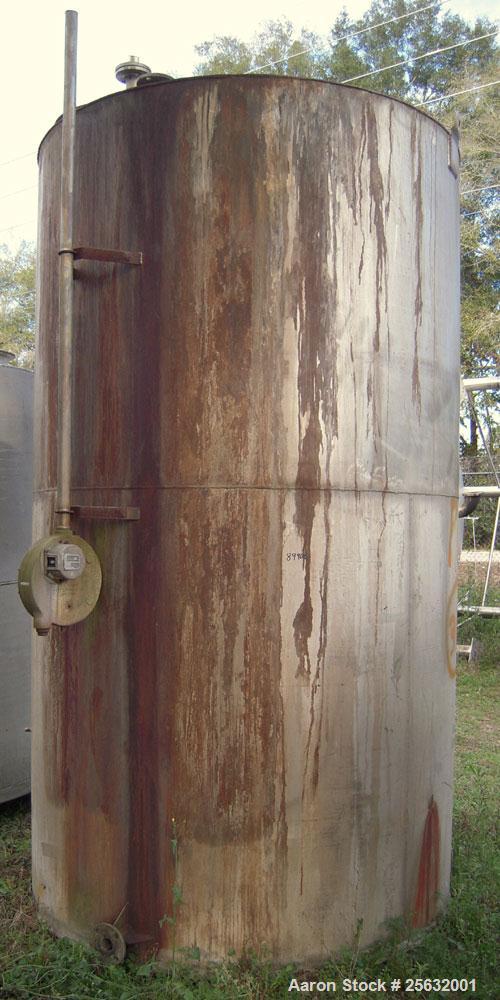 Used Tank, 2800 Gallons, Stainless Steel, Vertical. Approximately 78" diameter x 132" straight side. Flat top, sloped bottom. Openings: top 18" manway with cover, 10", (5) 2", 1" NPT, 1 1/2" NPT; 2" ...