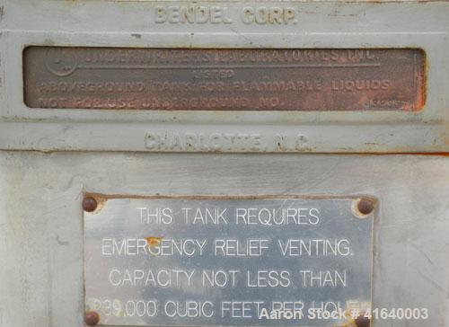 Used Bendel Tank, 3,000 Gallon, 304 Stainless Steel, Vertical. 94" diameter x 108" straight side, coned top, sloped bottom. UL rated for above ground flammable storage, UL#439357. Top mounted off cen...