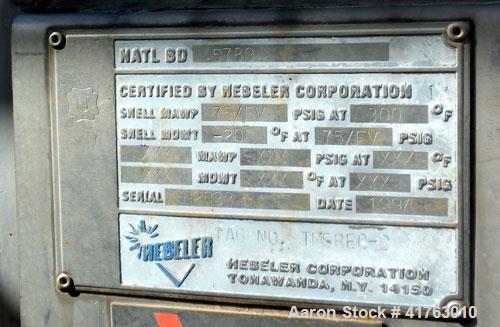 Used Hebeler Pressure Tank, 1120 Gallons, 316L Stainless Steel, Horizontal. 54’’ diameter x 96’’ straight side, 2 to 1 elliptical heads. Internal rated 75/FV psi at 300 deg.f., and –20 deg.f. at 75/F...