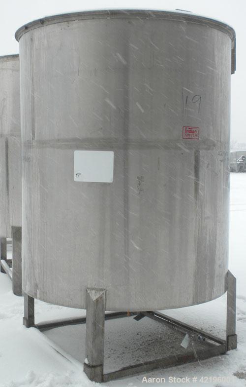 Used Indian Tuff-Tank Tank, 1480 Gallon, 316 Stainless Steel. 72" diameter x 84" straight side, flat top with hinged cover and slight cone bottom. Provision for a clamp on agitator. 2 1/2" NPT center...