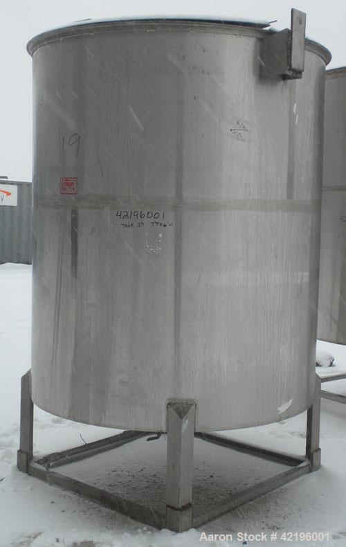 Used Indian Tuff-Tank Tank, 1480 Gallon, 316 Stainless Steel. 72" diameter x 84" straight side, flat top with hinged cover and slight cone bottom. Provision for a clamp on agitator. 2 1/2" NPT center...