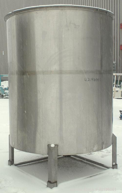 Used Indian Tuff-Tank Tank, 1480 Gallon, 316 Stainless Steel. 72" diameter x 84" straight side, flat top with hinged cover and slight cone bottom. Provision for a clamp on agitator. 2 1/2" NPT center...