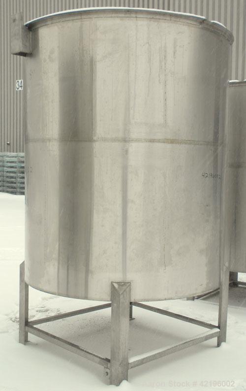 Used Indian Tuff-Tank Tank, 1480 Gallon, 316 Stainless Steel. 72" diameter x 84" straight side, flat top with hinged cover and slight cone bottom. Provision for a clamp on agitator. 2 1/2" NPT center...