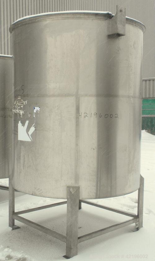Used Indian Tuff-Tank Tank, 1480 Gallon, 316 Stainless Steel. 72" diameter x 84" straight side, flat top with hinged cover and slight cone bottom. Provision for a clamp on agitator. 2 1/2" NPT center...